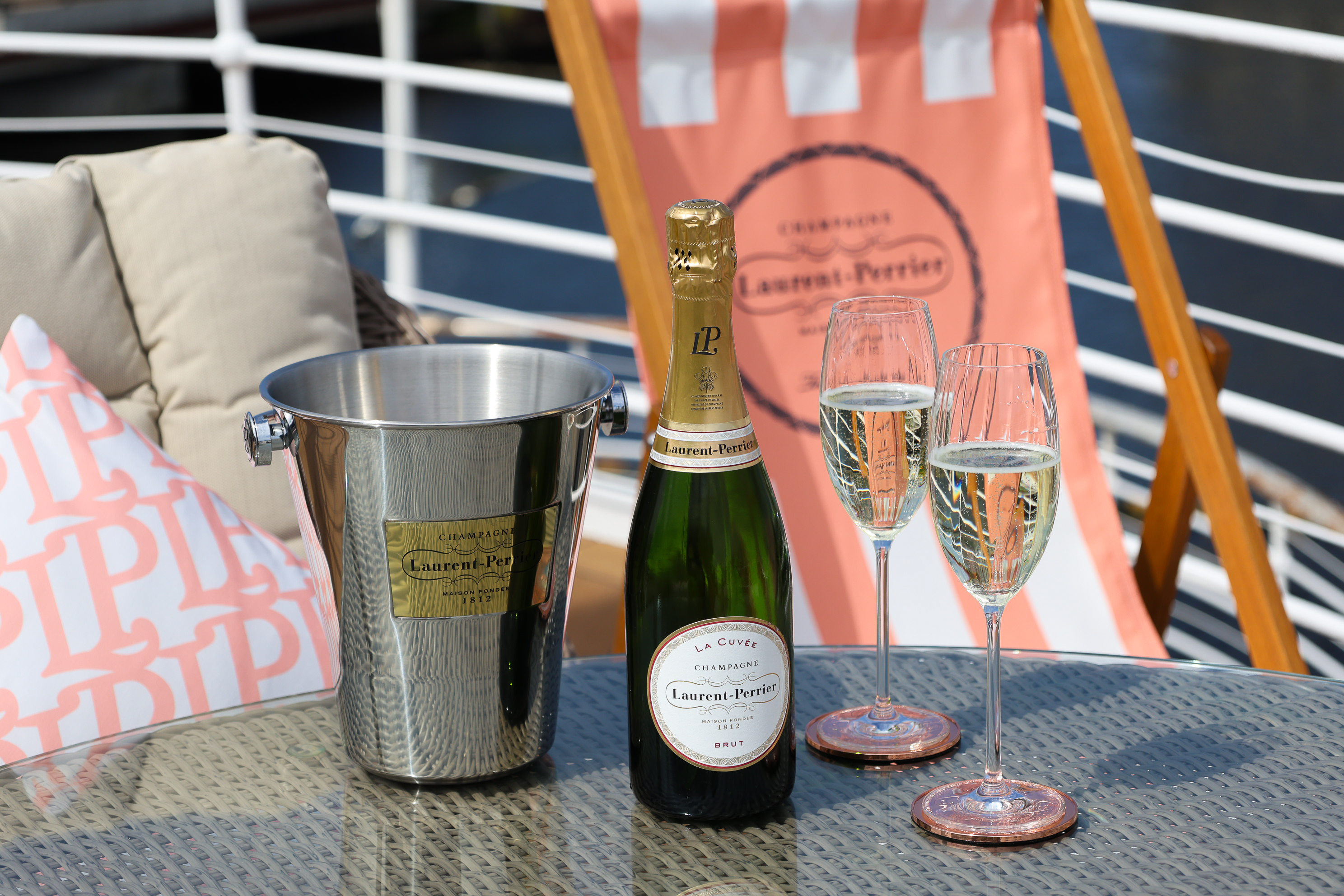 Two glasses of champagne on Fingal's deck 