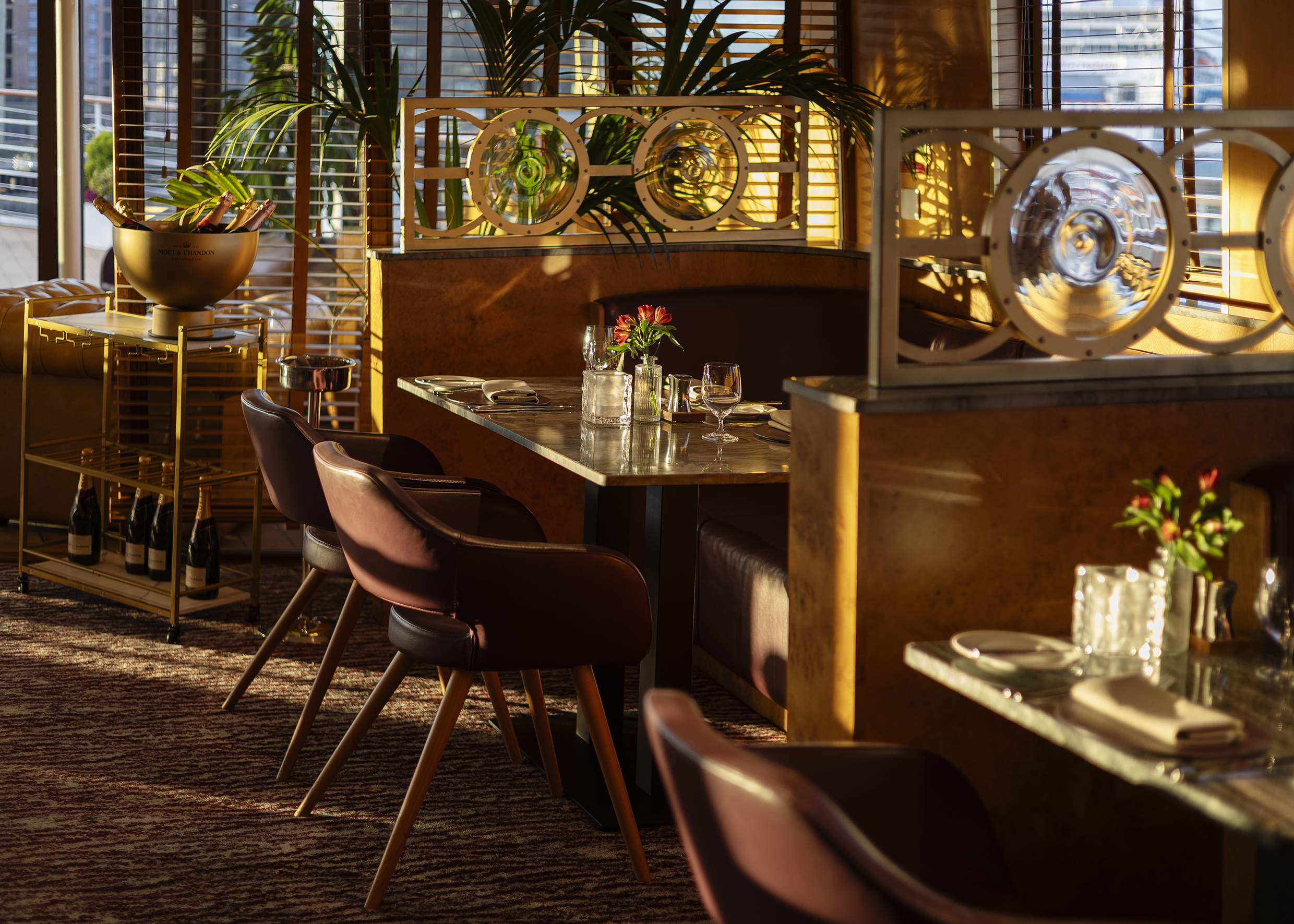 Golden sunlight bathing inside The Lighthouse Restaurant. 