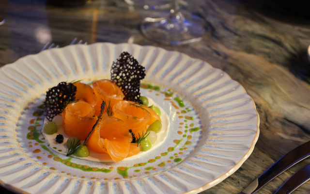 Achroous gin-cured Wester Ross salmon, Exmoor caviar, crème fraîche, cucumber