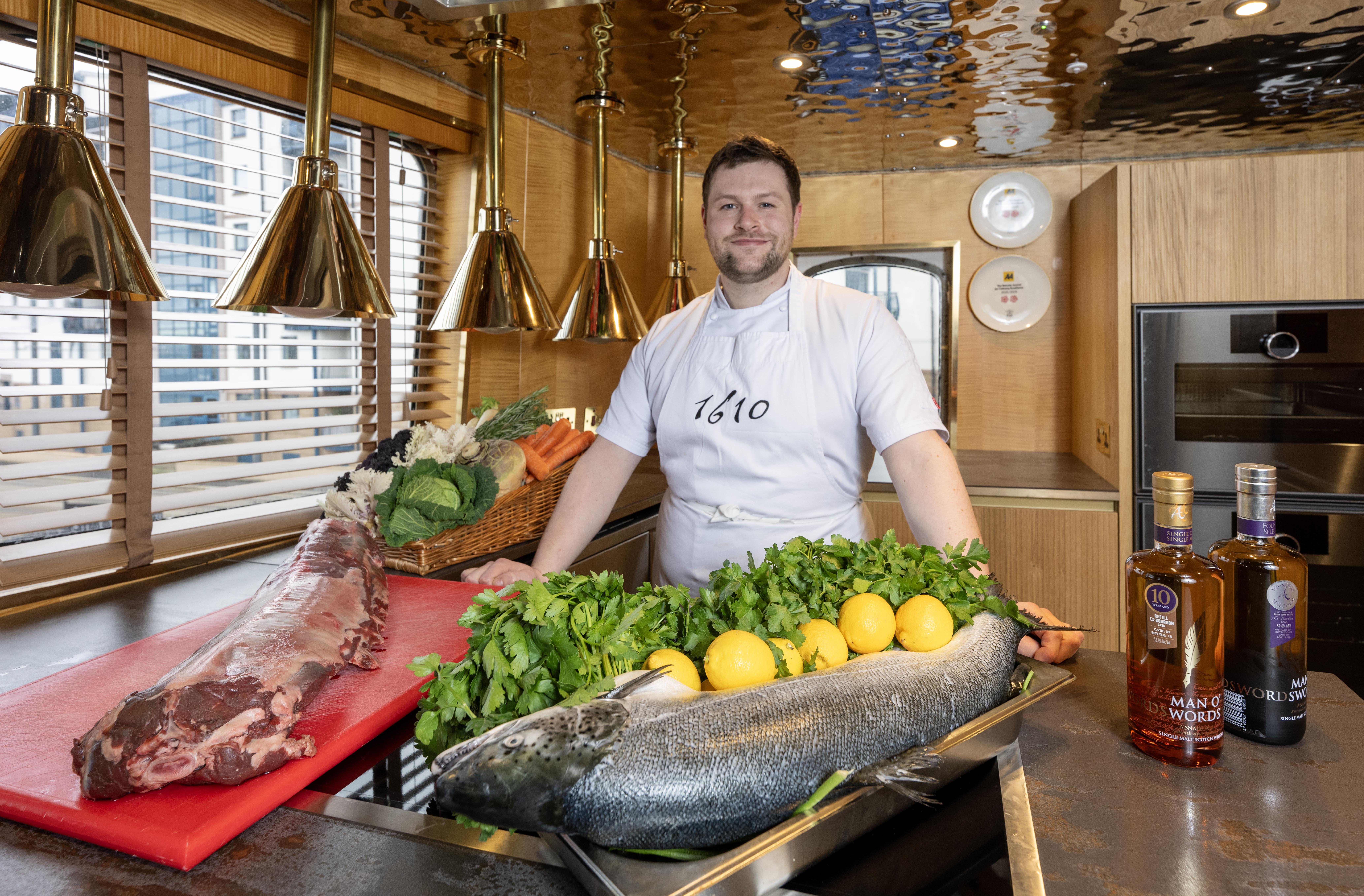 Chef Fraser in the Galley kitchen aboard Fingal, with local produce for the ticketed private dining event